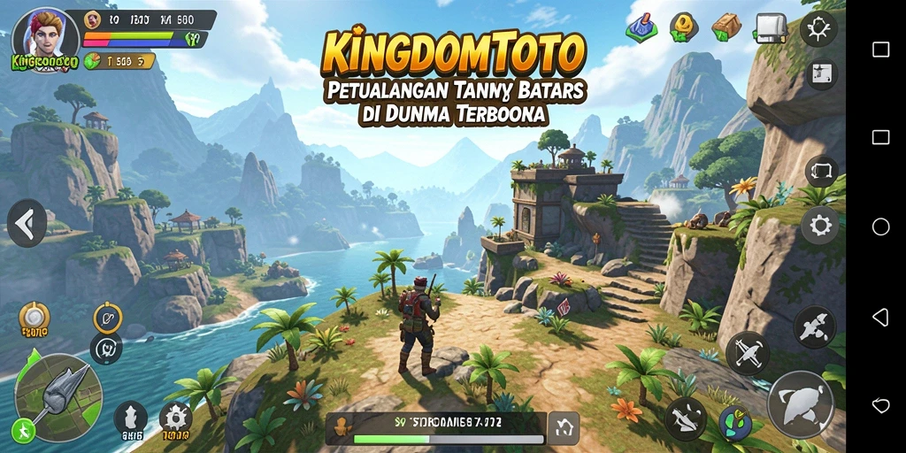 Screenshot KINGDOMTOTO menampilkan pemain yang menjelajahi dunia terbuka yang indah.