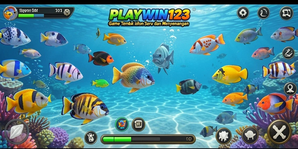 Screenshot gameplay <strong>PLAYWIN123</strong> menunjukkan aksi menembak ikan yang menarik.