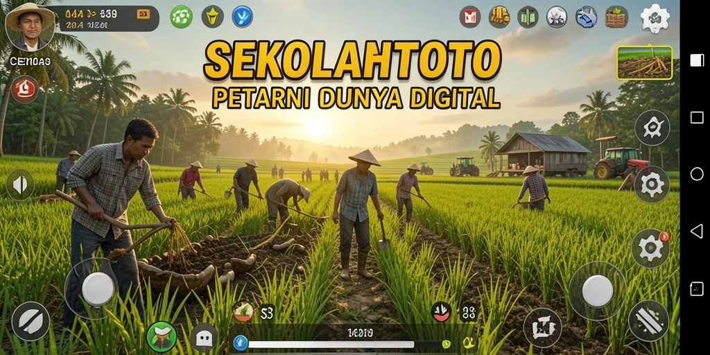 Tampilan gameplay SEKOLAHTOTO dengan ladang yang subur dan tanaman yang berwarna-warni.