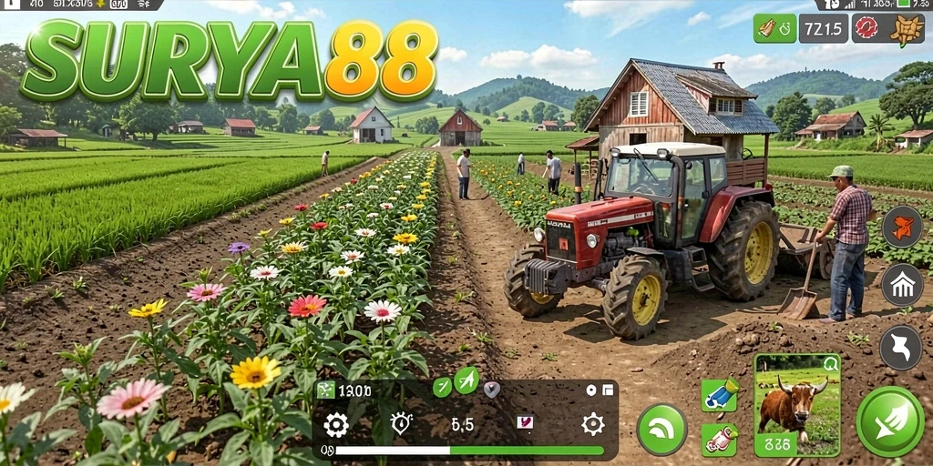 Screenshot gameplay SURYA88 menampilkan suasana pertanian yang menawan.